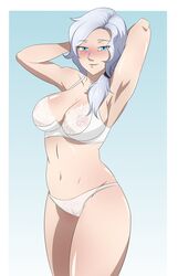 areolae arms_behind_head big_breasts blue_eyes blush bra breasts cleavage estirge eye_bags female large_breasts lingerie looking_at_viewer mature_female milf navel nipples panties rwby see-through_bra see-through_panties side_ponytail smile smiling solo underwear white_hair white_lingerie wide_hips willow_schnee