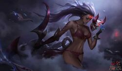 1girls blood_moon_diana blood_moon_series bra bracelet breasts claw diana_(league_of_legends) dim_lighting edit kanji league_of_legends lingerie long_hair mask navel official_art panties richtofen smoke tagme tattoo third-party_edit