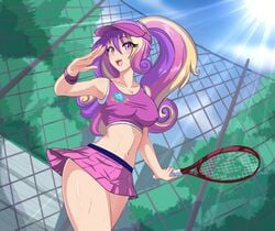 1girls belly blonde_hair chain-link_fence cleavage cogbrony curvy female friendship_is_magic human humanized large_breasts milf miniskirt multicolored_hair my_little_pony navel pink_eyes pink_hair princess_cadance_(mlp) purple_hair sunshine sweat sweaty tennis tennis_racket tennis_uniform voluptuous