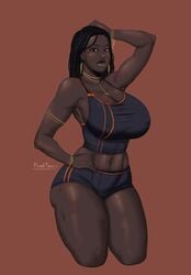 1girls abs big_breasts breasts cleavage dark-skinned_female dark_skin eshe_(franktonius) female female_only franktonius large_breasts muscles muscular muscular_female nipple_bulge solo very_dark_skin