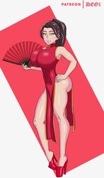 1girls big_ass big_breasts bimbo bubble_butt chinese_clothes chinese_dress dark_hair deoarts fan golden_eyes hand_on_hip high_heels hourglass_figure looking_at_viewer lowres patreon ponytail solo solo_female tagme tight_clothing voluptuous