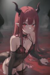 1girls ai_generated bare_shoulders blood choker cute demon demon_girl demon_horns elf_ears female horns lace lingerie lingerie_only looking_at_viewer red_eyes red_hair small_breasts stable_diffusion succubus