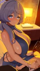 1girls ako_(blue_archive) ako_(dress)_(blue_archive) ass bare_shoulders black_jacket blue_archive blue_dress blue_eyes blue_hair blue_halo blush bracelet breasts butt_crack cleavage cup dress drinking_glass fingernails hair_between_eyes halo highres holding holding_cup holding_hands holding_object huge_breasts indoors jacket jewelry large_breasts looking_at_viewer lunch_(shin_new) medium_hair multiple_bracelets nose_blush official_alternate_costume on_bed pov side_slit sideboob sideless_outfit silver_bracelet sitting solo_focus suit_jacket thighs