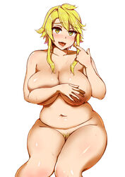 10s akame_ga_kill! areolae belly blonde_hair blush breasts brown_eyes cleavage female highres huge_breasts leone_(akame_ga_kill!) long_hair looking_at_viewer navel nipples nude oerba_yun_fang open_mouth plump pubic_hair simple_background sitting solo sweat thick_thighs thighs tongue white_background wide_hips yellow_eyes yosyo