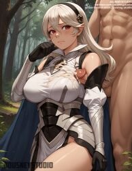 1boy ai-created ai_generated armor artist_name bangs bare_shoulders black_gloves black_hair_ornament black_hairband blue_cape blush breasts cape closed_mouth clothed_female_nude_male clothing corrin_(female)_(fire_emblem) corrin_(fire_emblem)_(female) cowboy_shot detached_sleeves ejaculation erection female female fire_emblem fire_emblem_heroes fire_emblem_if forest gauntlets gloves hair_between_eyes hairband headwear jousneystudio juliet_sleeves kamui_(fire_emblem) large_breasts long_hair long_sleeves looking_at_viewer male nature nude outdoors patreon_username penis pointed_ears puffy_sleeves red_eyes semen semen_on_body solo_focus straight sweat text thighs tree uncensored underbust white_hair