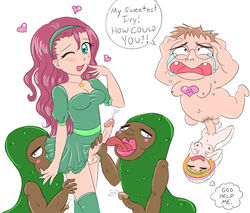 1futa 3boys chris-chan christian_weston_chandler cum cwc dark-skinned_male dark_skin futanari interracial intersex ivy_bundy julie_(sonichu) light-skinned_futanari light_skin man_in_the_pickle_suit penis sonichu speech_bubble tagme white_background