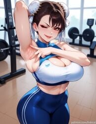 ai_generated arm_behind_head arm_up armpits balecxi bare_shoulders blue_pants brown_hair bun_cover chun-li cleavage double_bun earrings female gym hair_bun high-waist_pants indoors jewelry large_breasts looking_at_viewer makeup navel one_eye_closed presenting_armpit red_eyes short_hair smile solo sports_bra sportswear steaming_body street_fighter street_fighter_6 sweat thick_thighs tongue tongue_out white_sports_bra yoga_pants