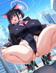 1girls ai_generated big_breasts black_hair blue_archive breasts cat_ears catgirl female female_focus female_only high_heel_sneakers high_heels huge_breasts kazusa_(blue_archive) large_breasts light-skinned_female looking_at_viewer red_eyes short_hair thick_thighs thighs