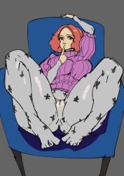 arm_up atlus bathsalts1 brown_hair finger_on_chin fluffy_hair haru_okumura looking_at_viewer pantyhose persona persona_5 pink_sweater red_eyes ribbed_sweater sitting_on_chair spread_legs sweater thick_thighs thighs wavy_hair white_legwear