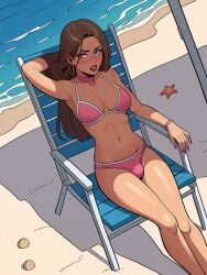 ai_generated beach beach_umbrella bikini brown_hair brunette brunette_futa cleavage eyeshadow futa_only futanari icelocke large_breasts lipstick makeup medium_breasted_futa medium_breasts realistic_penis_size solo solo_futa