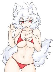 1girls 2d belly bikini breast_focus breasts cat_ears catgirl fumomono6500 large_breasts looking_at_viewer momiji_inubashiri red_bikini red_eyes red_panties small_bikini small_waist solo suggestive suggestive_look tail thick_thighs touhou tounge_out white_hair