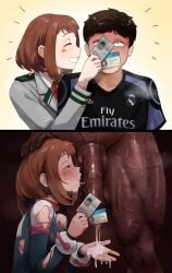 1boy 1girls 2koma commission cuck cucked cuckold cum dark-skinned_male fellatio football_uniform id_card interracial my_hero_academia netorare nisakusa ochako_uraraka oral penis