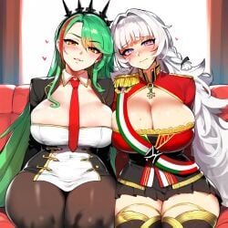 2girls ai_generated azur_lane big_ass big_breasts blush blush confident confident_female curvaceous curvy curvy_body curvy_female curvy_figure flirting_look green_hair littorio_(azur_lane) looking_at_viewer military_uniform multiple_girls nervous_smile nervous_sweat red_highlights sitting_on_couch thick_thighs vittorio_veneto_(azur_lane) white_hair