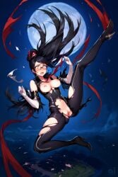 ai_assisted ai_couture ai_generated bayonetta bayonetta_(character) beauty_mark big_breasts black_hair breasts embarrassed embarrassed_nude_female enf exploding_clothes female female_only glasses high_heels nintendo nipples pussy torn_clothes torn_clothing