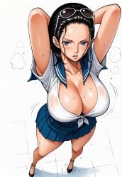 ai_generated alluring almost_naked almost_nude big_breasts blue_eyes blush breasts female female_only glasses glasses_on_head long_hair looking_at_viewer massive_breasts nico_robin one_piece school_girl school_uniform schoolgirl schoolgirl_uniform seducing seduction seductive seductive_body seductive_eyes seductive_gaze seductive_look seductive_mouth seductive_pose shiny_hair shiny_skin skirt sunglasses sunglasses_on_head sweat sweatdrop sweating sweaty sweaty_body uniform voluptuous voluptuous_female yashin