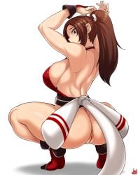 1girls absurdres anus arched_back ass breasts brown_eyes brown_hair cleft_of_venus commentary female female_only from_behind highres huge_breasts jmg king_of_fighters large_breasts long_hair looking_at_viewer looking_back mai_shiranui no_panties partially_visible_vulva ponytail pussy sideboob solo thick_thighs thighs tiptoes