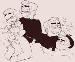 aged_up boy closed_eyes dale_dimmadome devin_dimmadome holding_body lip_bite male male/male male_only penis petite_body sad_eyes shirt sketch socks sweat text_bubble the_fairly_oddparents the_fairly_oddparents:_a_new_wish