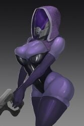 1girls alien_girl bunnysuit gun helmet hood mask mass_effect midnight_teeth pistol purple_skin quarian tali'zorah_nar_rayya thick_thighs thighhighs wide_hips