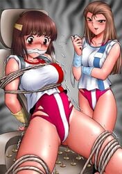 2girls 80s bondage breasts brown_eyes brown_hair curvaceous female gainax gunbuster headband human large_breasts leotard light-skinned_female light_skin long_hair noriko_takaya pilot_suit reiko_kashiwara restrained rope shirt short_hair