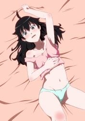 ahoge araragi_karen armpits ass_visible_through_thighs bare_arms bare_belly bare_legs bare_shoulders bare_thighs bed bed_sheet belly_button black_eyes black_hair blush body_blush breasts cleavage collarbone crop_top long_hair lying medium_breasts monogatari_(series) panties parted_lips puchio strap_slip sweatdrop thighs underwear