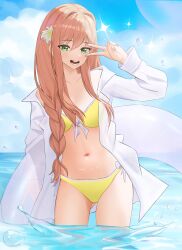 1female 1girls 5_fingers aris4rt bikini bikini_bottom bikini_top breasts doki_doki_literature_club female green_eyes in_water long_hair monika_(doki_doki_literature_club) swimwear water