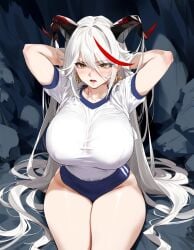 1girls aegir_(azur_lane) ai_generated azur_lane big_breasts breasts female female_focus female_only horns huge_breasts large_breasts light-skinned_female long_hair mature_female thick_thighs thighs white_hair yellow_eyes