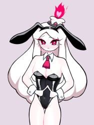 aori_(friday_night_funkin) artist_signature blush blushing_profusely bunny_ears bunnysuit cleavage eyeliner eyeshadow friday_night_funkin light-skinned_female long_hair medium_breasts red_eyeliner red_eyes shy simple_background small_waist solid_color_background tagme thigh_gap white_hair