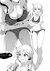 absurdres alice_gear_aegis alternate_breast_size bikini blank_censor breasts censored cleavage commentary_request crossed_arms erection female flower greyscale hair_flower hair_ornament highres kotomura_akane kuramari_(godbaan) low_twintails medium_breasts monochrome motion_lines navel penis pussy_juice pussy_juice_stain striped_bikini striped_clothes surprised sweat swimsuit translation_request twintails