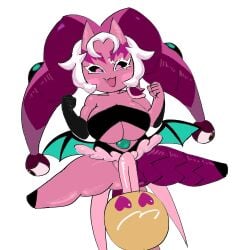 1boy 1girl1boy black_clothing black_sclera blush breasts cookie_run cookie_run_kingdom dn0528 dragon_wings duo female gingerbrave large_breasts legs_apart licking_pussy lychee_dragon_cookie lying lying_on_back male open_mouth partially_clothed pink_body pink_eyes pink_skin pussy tongue white_hair wings