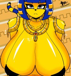 animal_crossing ankha ankha_(animal_crossing) baloodial big_breasts big_breasts bikini bikini_top blue_eyes blue_hair breasts_bigger_than_head breasts_focus egyptian egyptian_cat egyptian_female egyptian_mythology furry furry_female furry_only huge_breasts huge_breasts jewelry jewelry_between_breasts nintendo small_bra solo_focus yellow_body yellow_fur