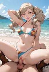 1boy 1girls ai_generated ann_takamaki arm_behind_head beach bikini bikini_bottom bikini_bottom_aside bikini_bottom_pull bikini_top boots persona persona_5 reverse_cowgirl_position riding riding_penis spread_legs vagina vaginal_penetration vaginal_penetration vaginal_sex