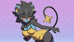 anthro black_fur black_hair blue_fur blush breasts color embarrassed hakkimanime invalid_source large_breasts large_hips luxray pokemon pokemon_(species) screencap screenshot sfw swimsuit swimwear