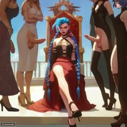 ai_generated arcane arcane:_league_of_legends arcane_jinx blue_hair braided_hair courtesan dress dress_lift erect_penis facing_viewer futanari hi_res high_heels high_resolution jinx_(league_of_legends) league_of_legends long_hair looking_at_viewer luxury outside penis pink_eyes powder_(arcane) queen royalty servant shemale sitting solo_focus tackledawdly testicles throne throne_room