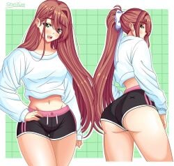 2024 ass ass_focus back_view doki_doki_literature_club front_view hair_down looking_at_viewer looking_back midriff midriff_baring_shirt monika_(doki_doki_literature_club) shorts sxwillian thick_ass thick_thighs