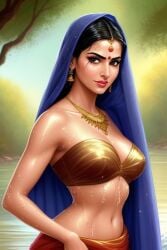 ai_generated bare_shoulders bathing big_breasts bindi black_hair brown_eyes earrings forehead_jewel hourglass_figure indian indian_clothes indian_female lake light-skinned_female light_skin nature nature_background navel necklace saree sari slim_waist veil water wet wet_body wet_clothes wet_skin wide_hips