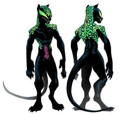 absurd_res anthro balls digital_media_(artwork) digitigrade erection felid fingers genitals glowing glowing_eyes glowing_markings glowing_mouth green_eyes green_markings hi_res knot male mammal markings marvel maxspite multiple_angles nude pantherine penis simple_background solo symbiote tail teeth white_background