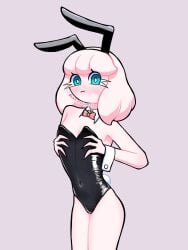 aged_up blue_eyes blush bowtie bunny_ears bunnysuit eyeliner friday_night_funkin holding_breasts light-skinned_female lofie_(friday_night_funkin) pink_body pink_hair short_hair shy simple_background small_breasts small_waist solid_color_background tagme