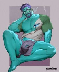 abs bara beard biceps big_bulge bulge daddy dilf frankenstein frankenstein's_monster green-skinned_male halloween holidays male male_nipples male_only manly mature_male monster muscular_male nipples otokobara pecs penis penis_outline