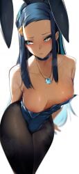 black_pantyhose blue_collar blue_eyes blue_hair blush bunny_ears bunny_girl bunny_tail bunnysuit cleavage dark-skinned_female dark_skin ear_piercing earrings female_only footwear long_hair necklace nessa_(pokemon) nipples pantyhose playboy_bunny pokemon small_breasts solo_focus sweat thick_thighs thighs uncensored wide_hips yuuyuu_(yuuki1771)