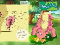 anthro anus bedroom_eyes cassie_(dragon_tales) clitoral_winking clitoris dragon dragon_tales dragoness malroth offscreen_character offscreen_male presenting presenting_anus presenting_hindquarters presenting_pussy pussy quetzal_(dragon_tales) text vagina vaginal_winking