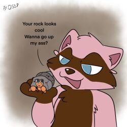 anthro bodily_fluids brown_body brown_fur dwebble female fur generation_5_pokemon hi_res imminent_anal imminent_sex looking_worried mammal nintendo pink_body pink_fur pokemon pokemon_(species) poppy_(skellyroon) procyonid questionable_consent raccoon scared skellyroon sweat sweatdrop text