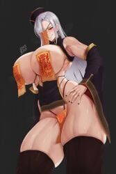 artist_name breasts breasts_bigger_than_head covered_nipples eye_patch hand_on_hip huge_breasts jiangshi_costume large_breasts last_origin lemonade_gamma long_hair looking_at_viewer red_eyes smile talisman thick_thighs thighhighs thighs white_hair zer0artzer0