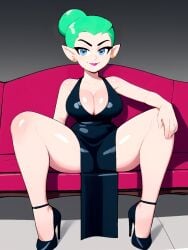 1girls ai_generated big_breasts black_dress blue_eyes breasts cleavage disney dress female female_only footwear green_hair heels high_heels losforry_custom mature mature_female mature_woman milf odalia_blight pointy_ears sitting solo solo_female the_owl_house