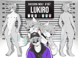 akaro_(lukiro) anthro balls biped canid canine canis clothed clothing countershade_fur countershade_torso countershading eyebrows facial_piercing foreskin fur genitals hair hi_res humanoid_genitalia humanoid_penis hybrid lip_piercing lukiro male mammal model_sheet nipples nude penis piercing procyonid raccoon snakebite_piercing solo tail wolf