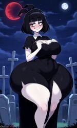 1girls adult_swim ai_generated big_breasts blush creepy_susie exaggerated_anatomy goth graveyard huge_ass moon the_oblongs thick_thighs tombstone wide_hips