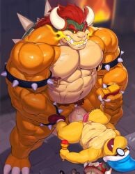 2boys anal anal_sex anthro anthro_on_anthro anthro_penetrated anthro_penetrating_anthro balls big_muscles big_penis bowser claws collar duo erection fire fire_breathing fishingmanmax furry furry_only gay gay_sex glasses horns huge_cock kamek koopa large_muscles large_penis larger_male magic_wand male male/male male_nipples male_only mario_(series) muscular muscular_anthro muscular_male nintendo nipple_piercing nipples open_mouth penis penis_size_difference red_hair reptile scalie sex sharp_teeth shell size_difference smaller_male spiked_shell