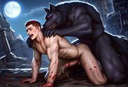 abs ai_generated anthro_penetrating_human anthro_penetrating_male auburn_hair balls ballsack biceps blood blood_dripping circumcised circumcised_penis clawed_fingers claws cum cum_dripping_from_penis cum_puddle cuts dark_fur deltoids ejaculation erect_penis erection fucked_from_behind full_moon gay gay_domination gay_sex glowing_eyes hands-free hands-free_ejaculation hands-free_orgasm hands_and_knees hands_on_shoulders handsfree_cum handsfree_ejaculation humansub jeepguyinsd lats_(muscle) light-skinned_male male male/male male_focus male_only male_penetrating_male moaning moaning_in_pain moaning_in_pleasure muscle muscles muscular muscular_human muscular_male naked_male nude_male obliques original sharp_claws sharp_teeth submissive_human submissive_male testicles triceps uncensored werewolf zoophilia zoophilia