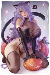 1girls 2024 alternate_costume artist_name breasts camilla_(fire_emblem) cat_ears cat_tail catgirl cleavage collar eyes_visible_through_hair female female_only fire_emblem fire_emblem_fates fluffy_ears fluffy_tail gloves halloween heart huge_breasts jack-o&#039;-lantern kneeling large_breasts long_hair nintendo olchas plain_background pumpkin purple_eyes purple_hair solo sparkles tail watermark