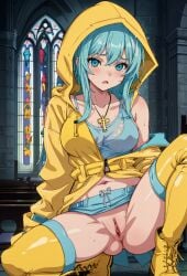 1female adult_female ai_generated anime_style boots breasts catholic catholicism church church_interior clitoris cross_necklace female horny horny_face horny_female luce_(vatican) panting pussy religion religious_symbols solo solo_female vagina wet_shirt woman