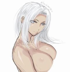 big_breasts blank_background blue_eyes breasts cleavage elma_(xenoblade_x) large_breasts nintendo uya_(yurukah) white_hair xenoblade_(series) xenoblade_chronicles_x